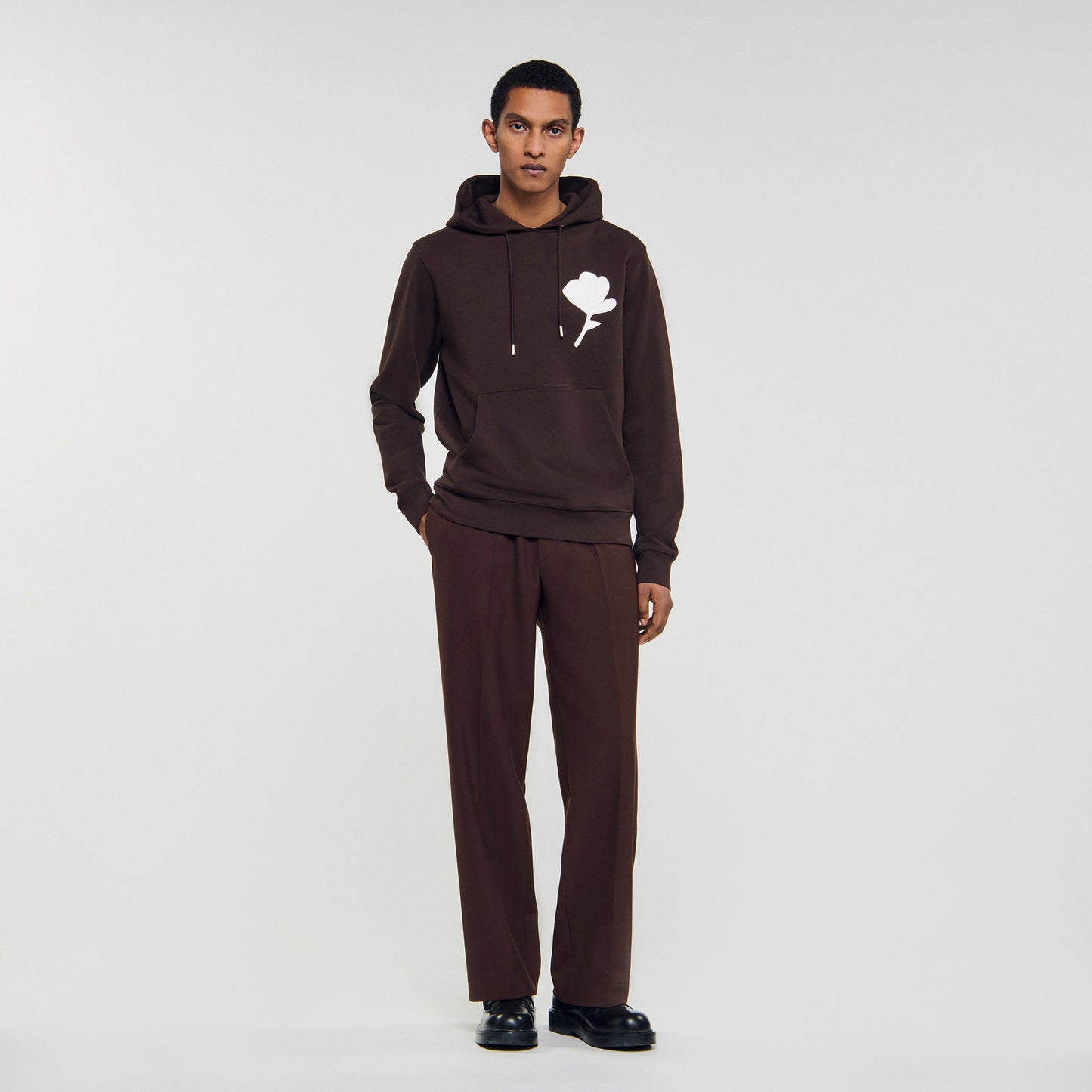 Layered Flower Hoodie Sweatshirt With Flower Patch Chocolate