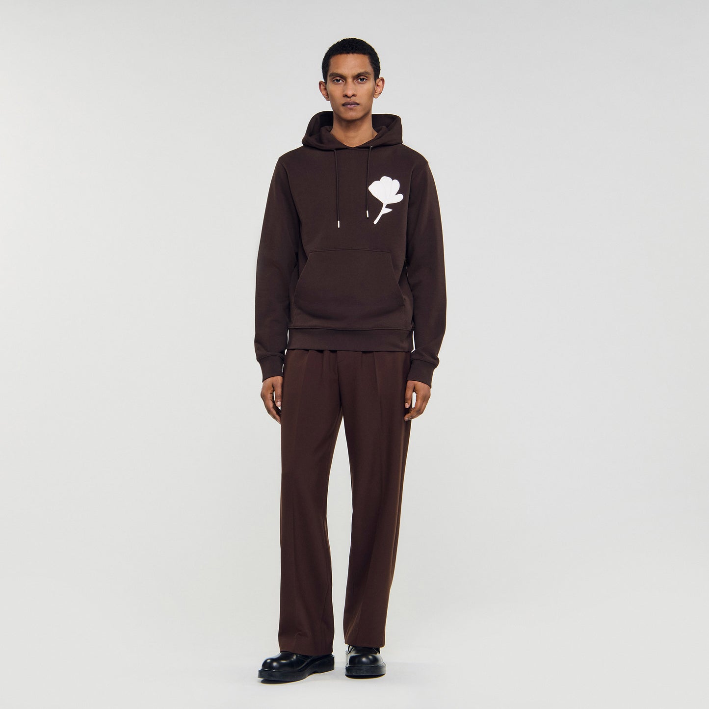 Layered Flower Hoodie Sweatshirt With Flower Patch Chocolate
