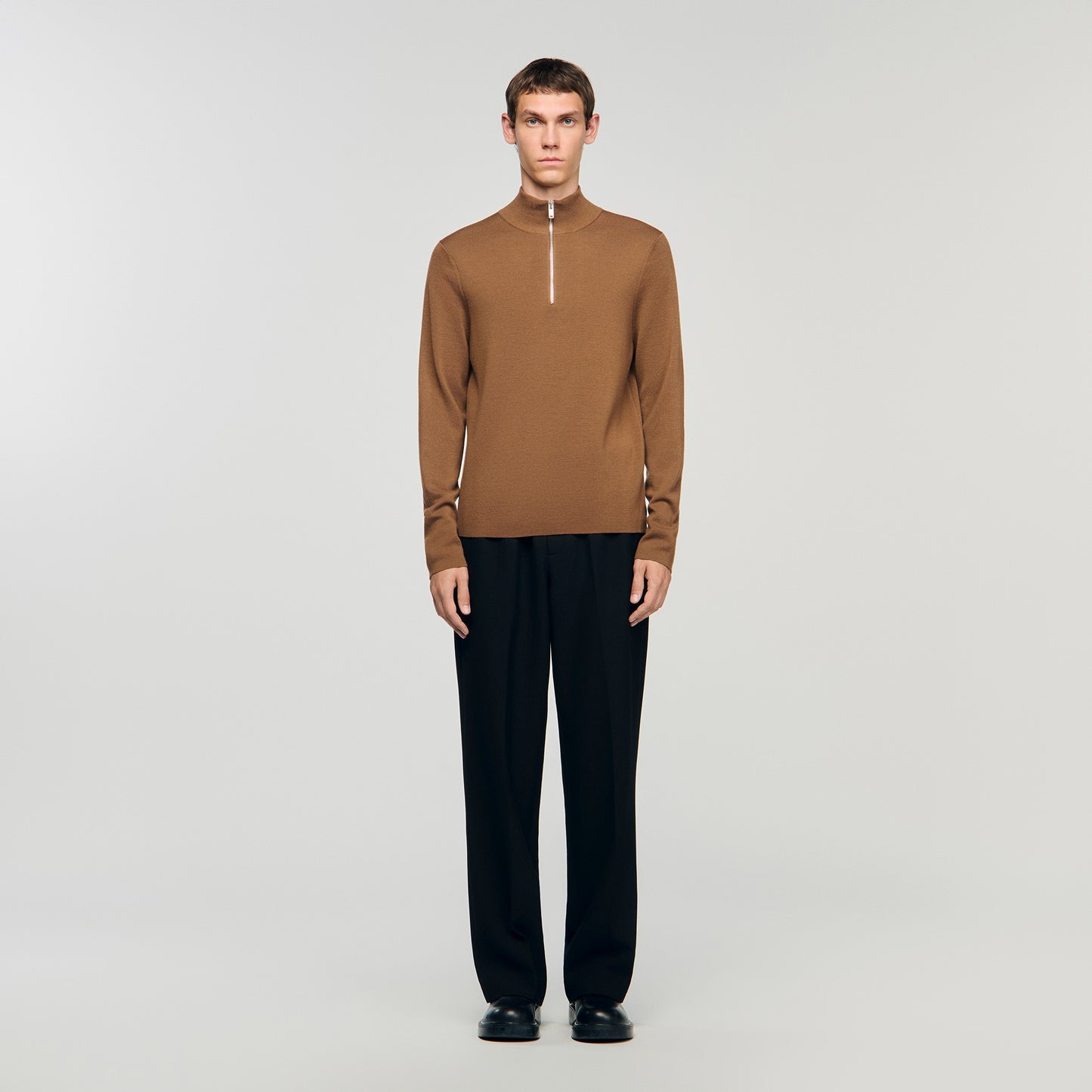 Zip Sweater Wool Jumper With Zip Collar Beige