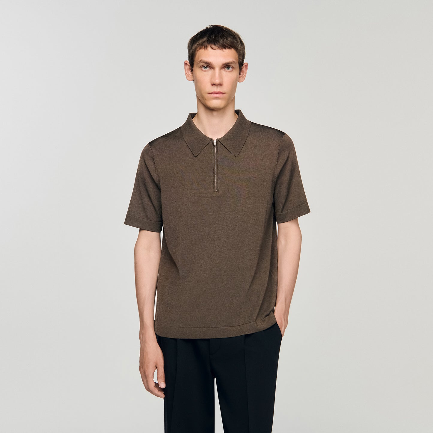 Pablo Zip Knitted Polo Shirt With Zip Collar Taupe