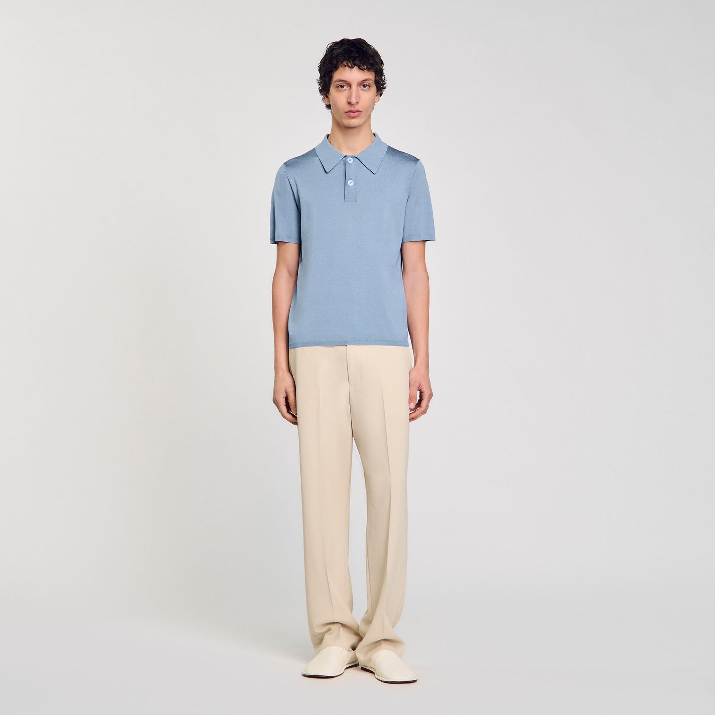 Short-Sleeve Knitted Polo Shirt Chambray