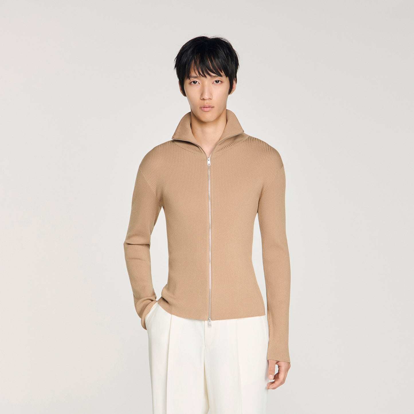 Ribbed Cardigan Zip Cardigan With Standing Collar Beige