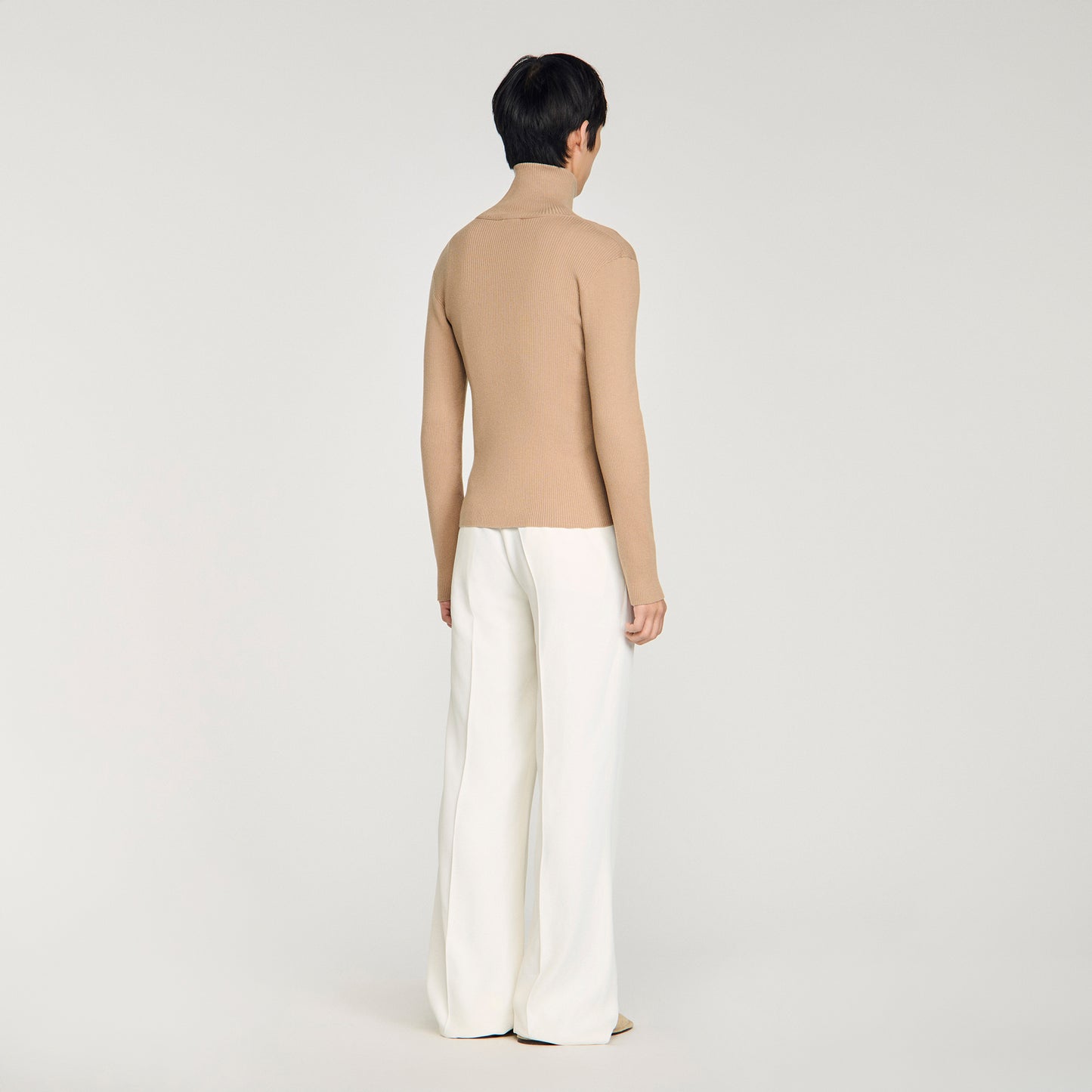 Ribbed Cardigan Zip Cardigan With Standing Collar Beige