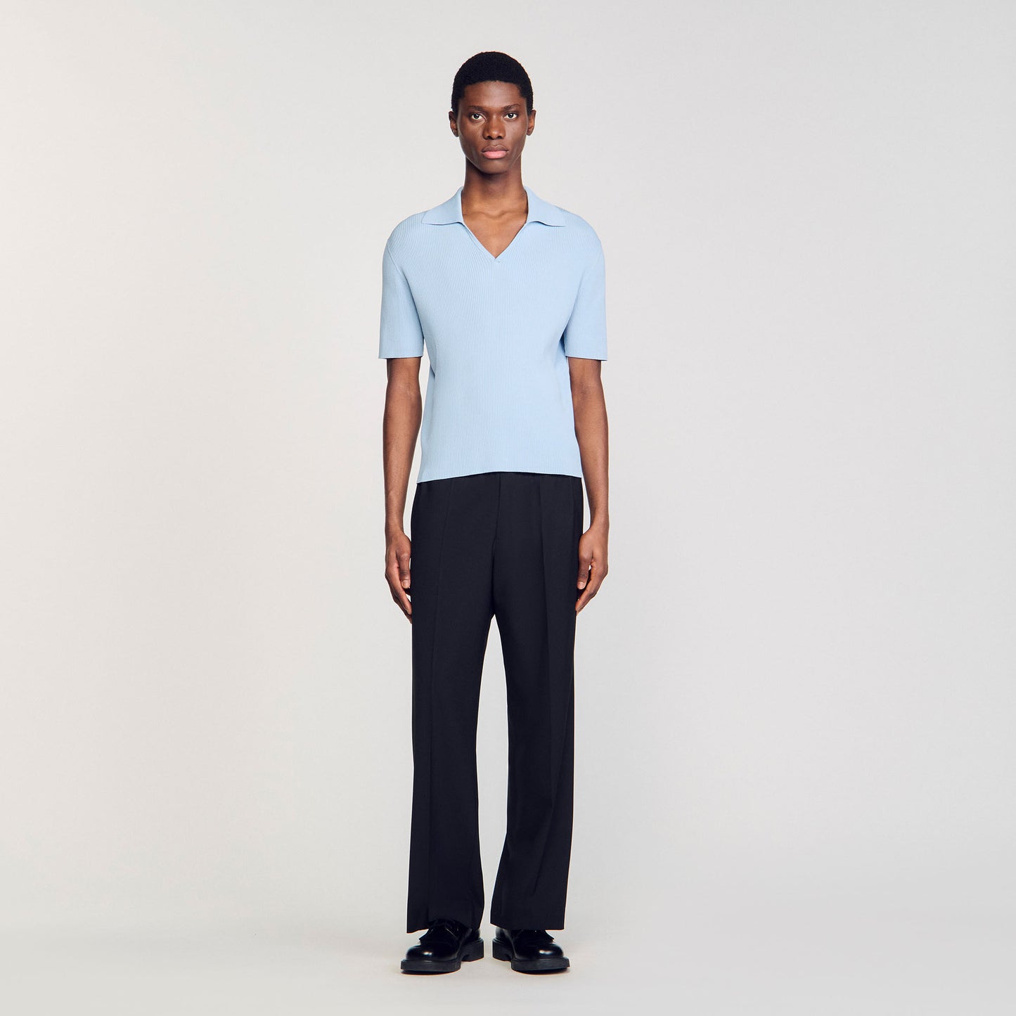 New Polo Phoebe V Rib Knit Polo Shirt Blue Sky