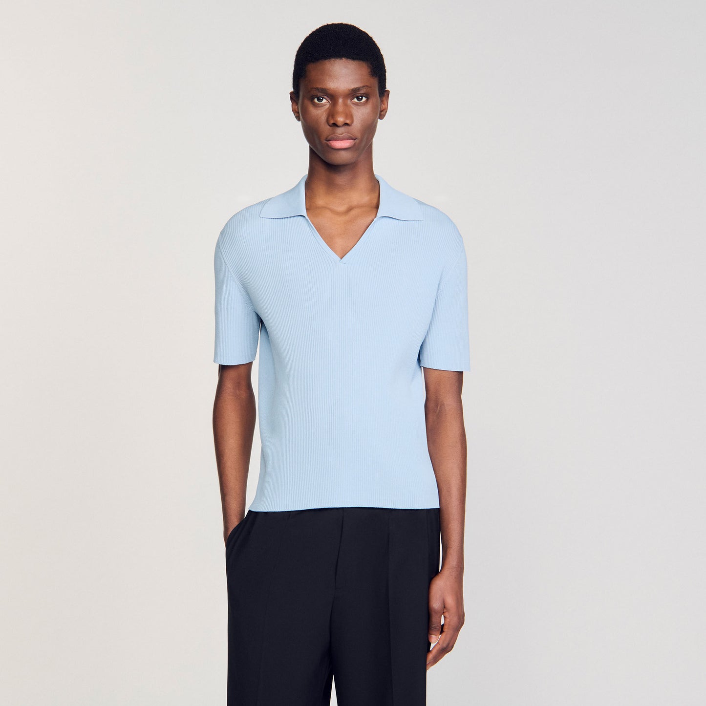 New Polo Phoebe V Rib Knit Polo Shirt Blue Sky