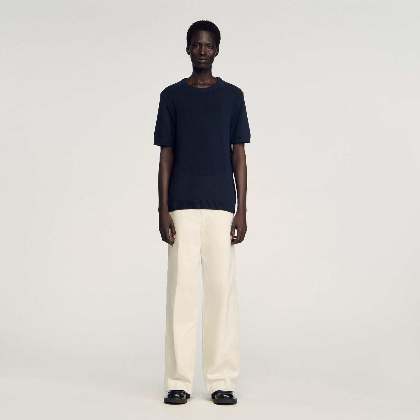 Cotton Knit Tee Fine Knit T-Shirt Navy Blue