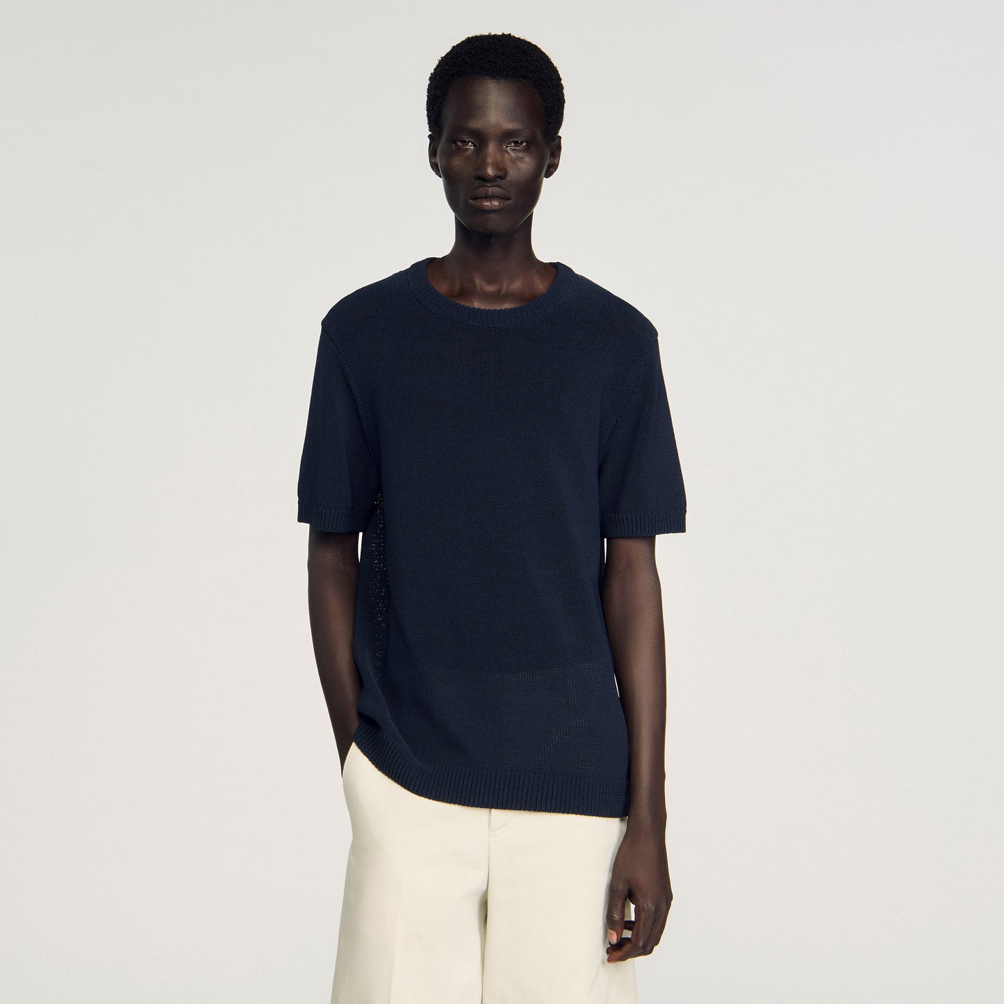 Cotton Knit Tee Fine Knit T-Shirt Navy Blue