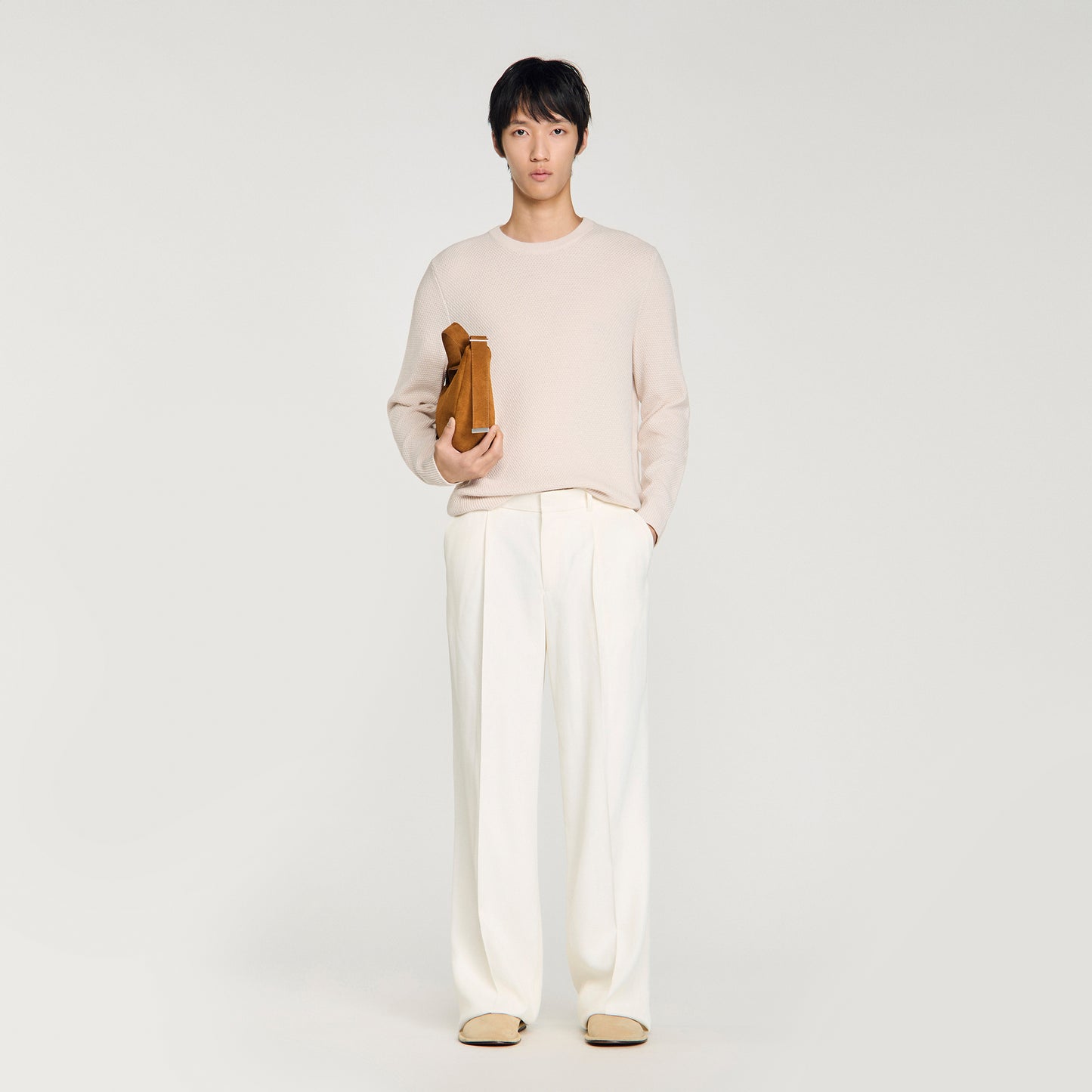 New Rice Wool Crew-Neck Sweater In Seed Stitch Ecru