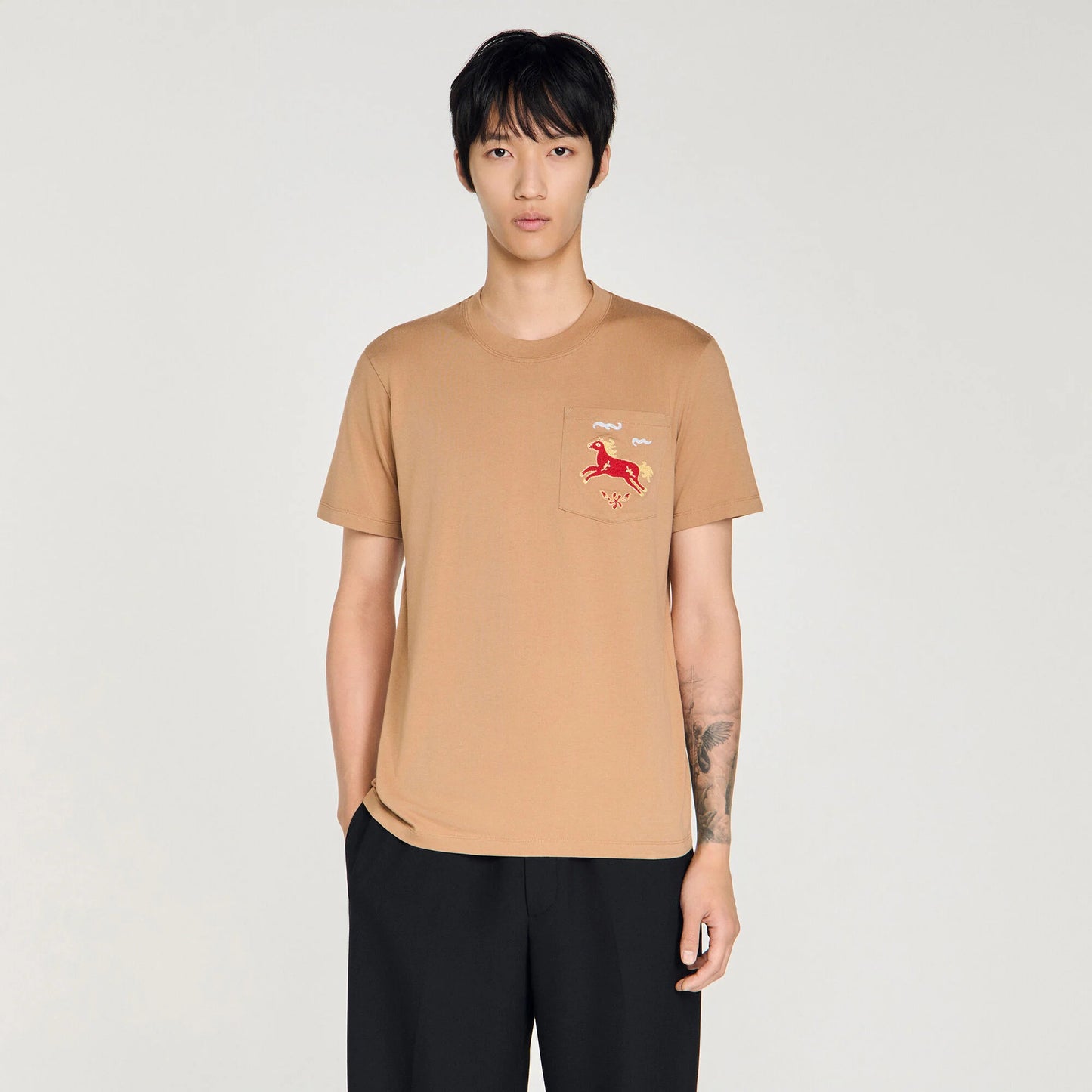 Horse Tee Embroidered Horse Cotton T-Shirt Beige