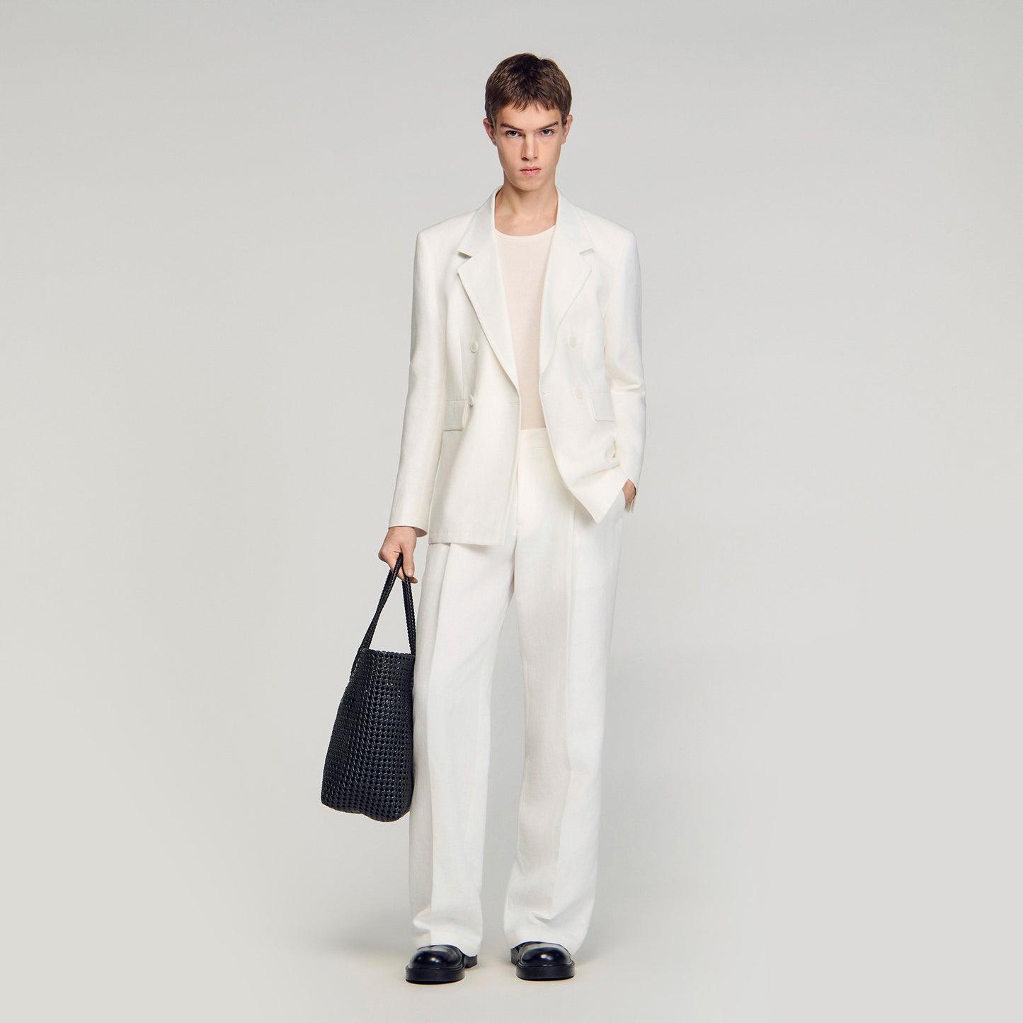 Croise Mode Lin Double-Breasted Linen Suit Jacket WHITE
