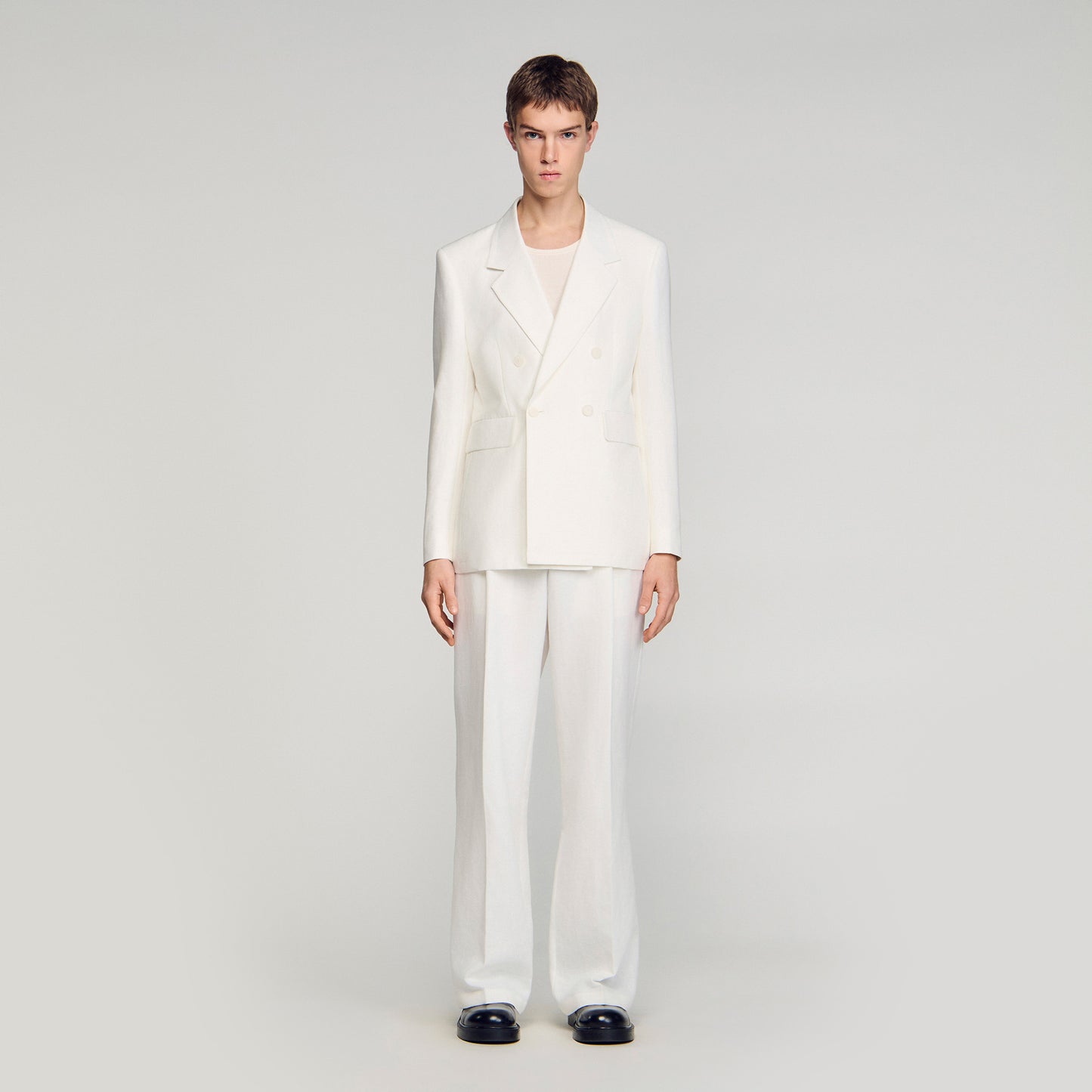 Croise Mode Lin Double-Breasted Linen Suit Jacket WHITE