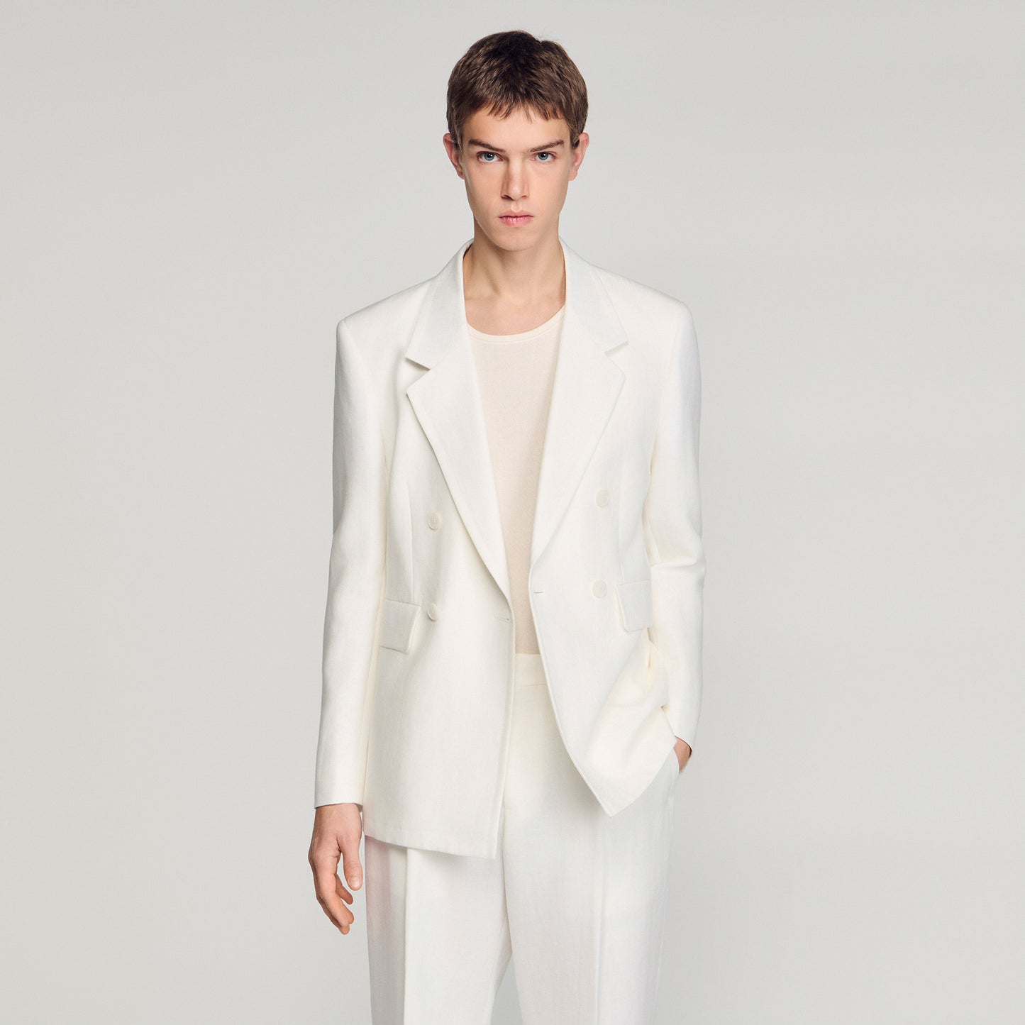 Croise Mode Lin Double-Breasted Linen Suit Jacket WHITE