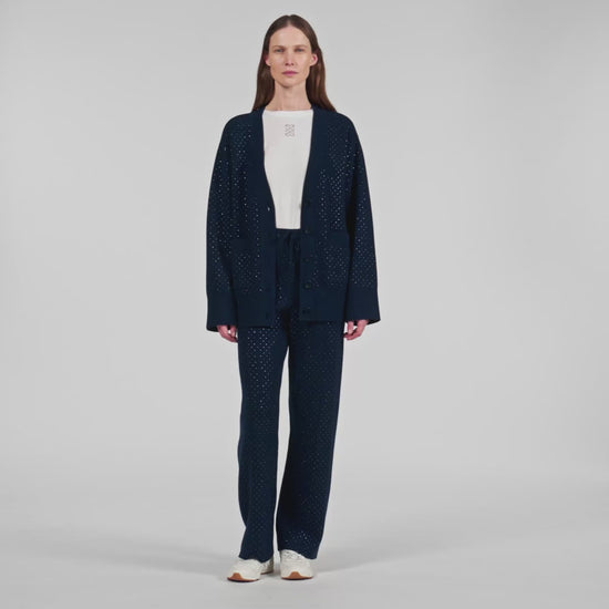 Vaddy Long Rhinestone Cardigan Navy Blue