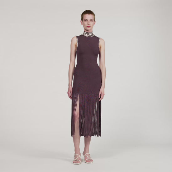 Cleopatre Fringed Knit Maxi Dress Brown