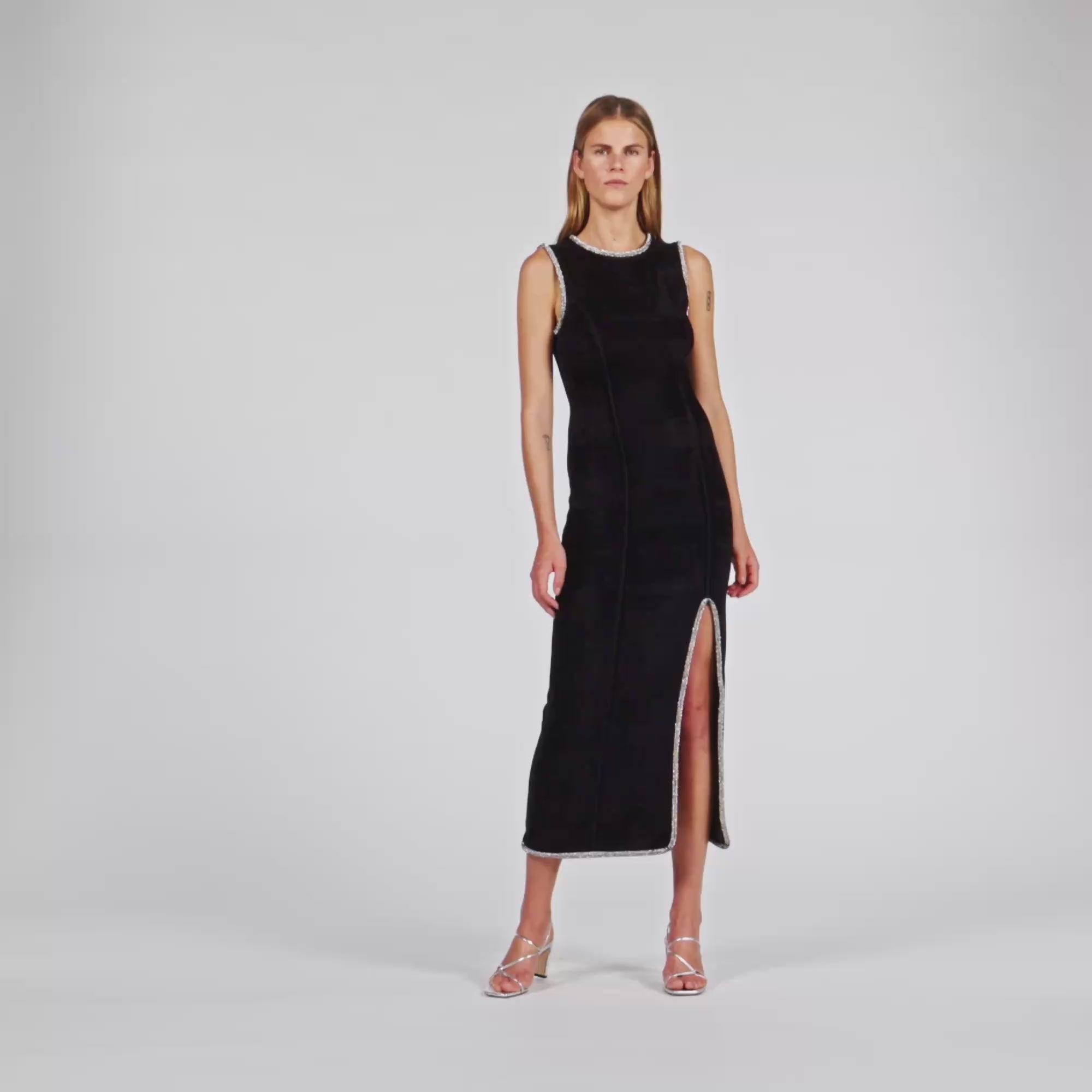 Guoda Rhinestone Slit Maxi Dress Black