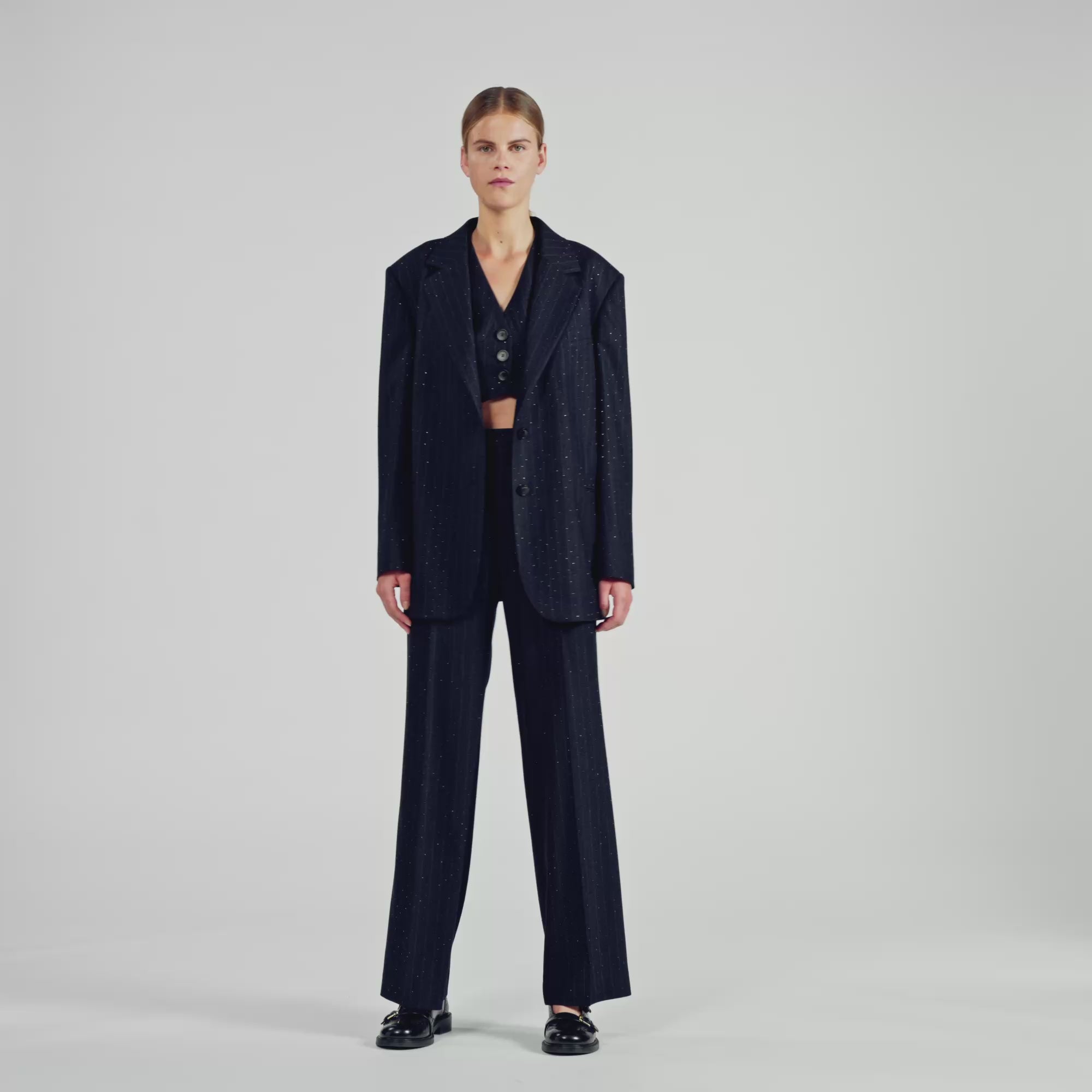 Pernelle Striped Rhinestone Suit Jacket Navy Blue