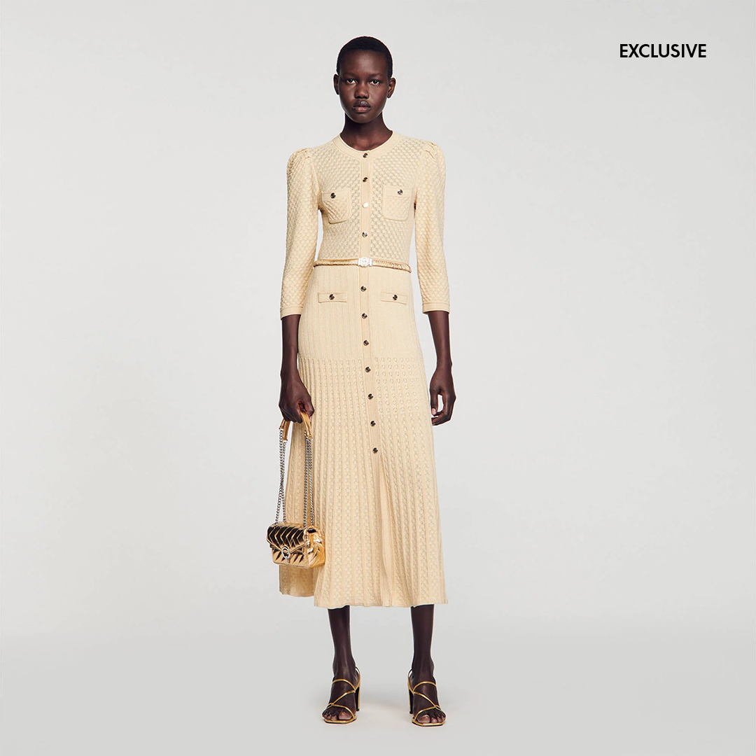 Ramia Pointelle Knit Midi Dress Gold