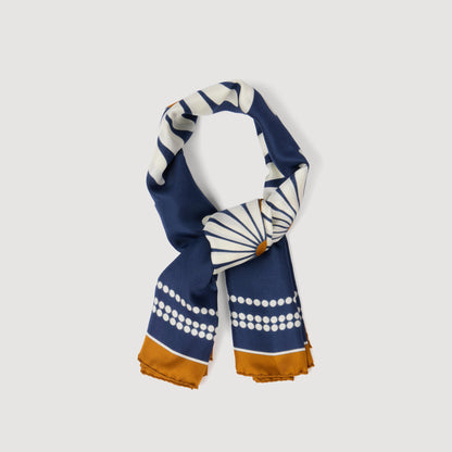 Sdaisy Bouquet Floral Silk Scarf Deep Blue / Ocher