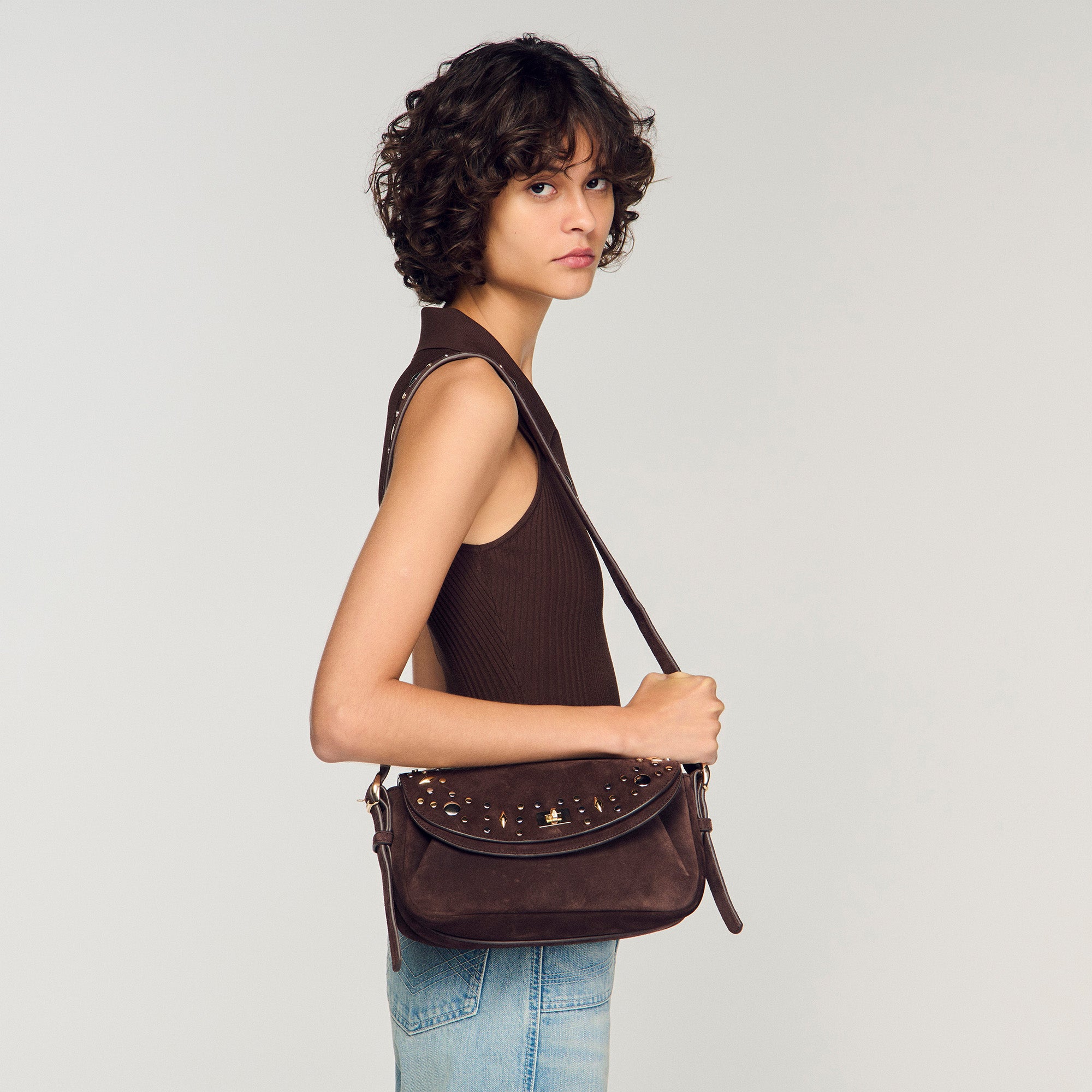 Le Mambo Janys Studded Suede Bag Black Brown