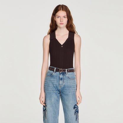 Salvador Ribbed Knit Polo Bodysuit Brown