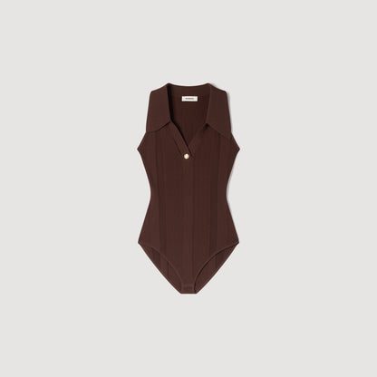 Salvador Ribbed Knit Polo Bodysuit Brown