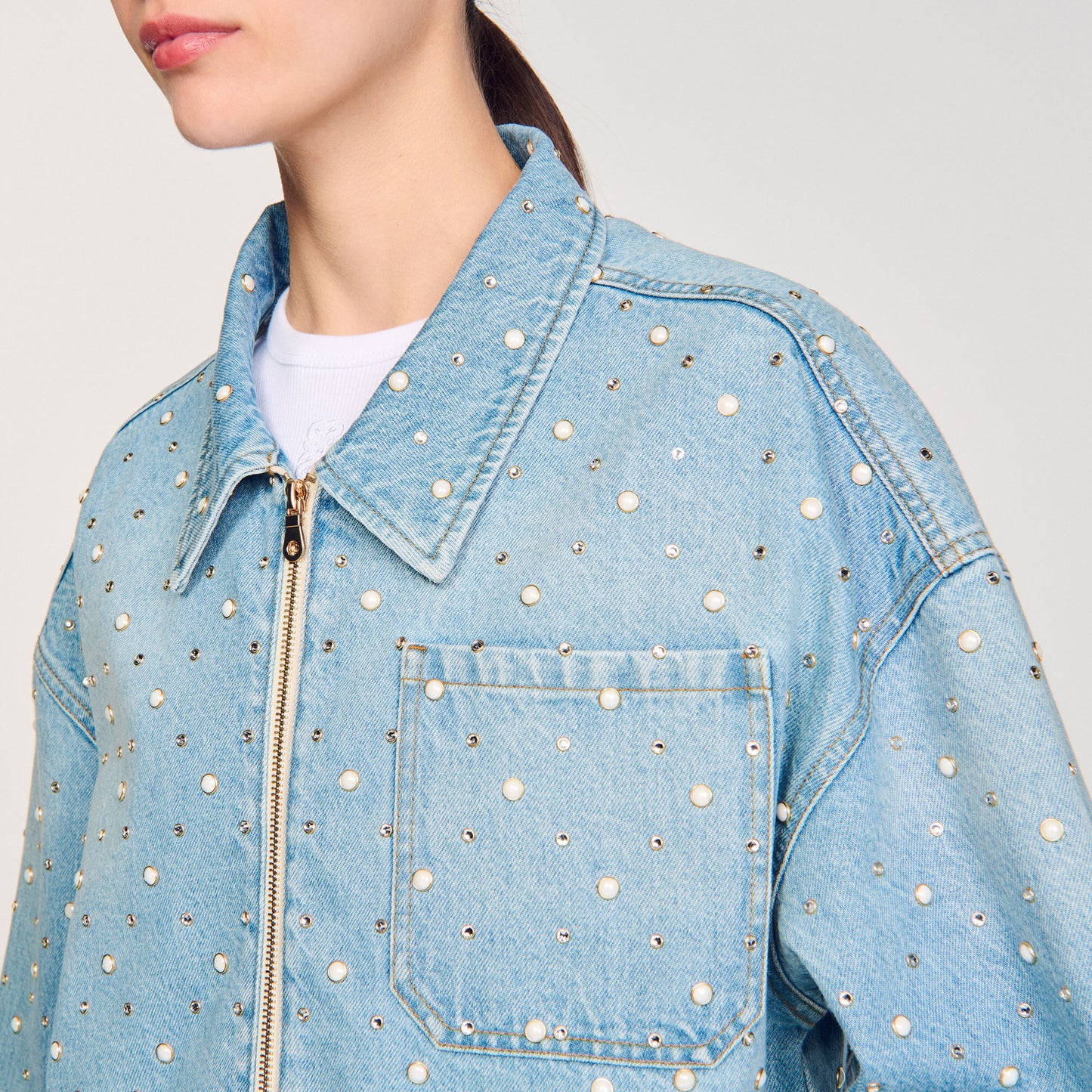 Blue Jean Beaded And Rhinestone Denim Jacket