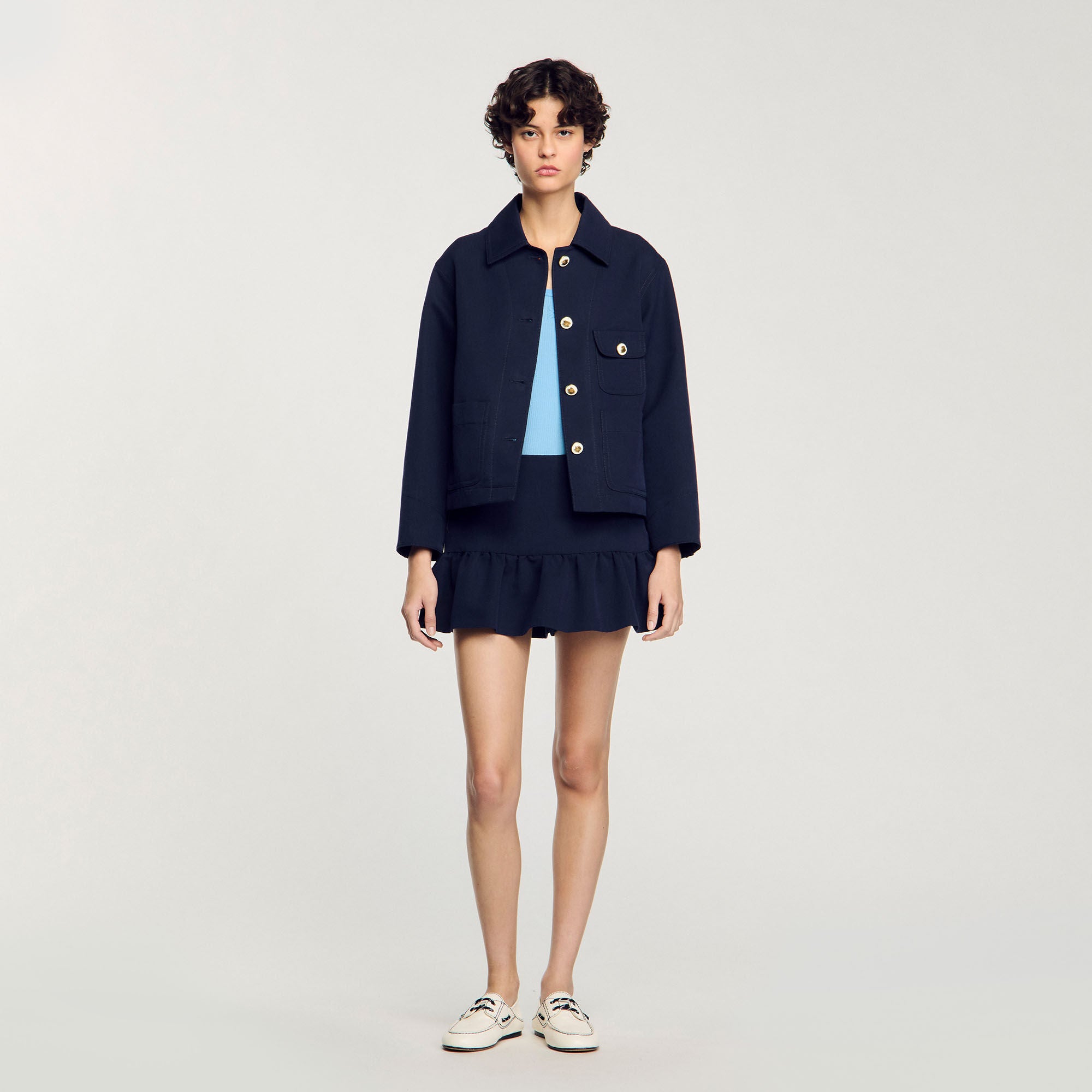 Cropped Jacket With Officer Buttons Navy Blue