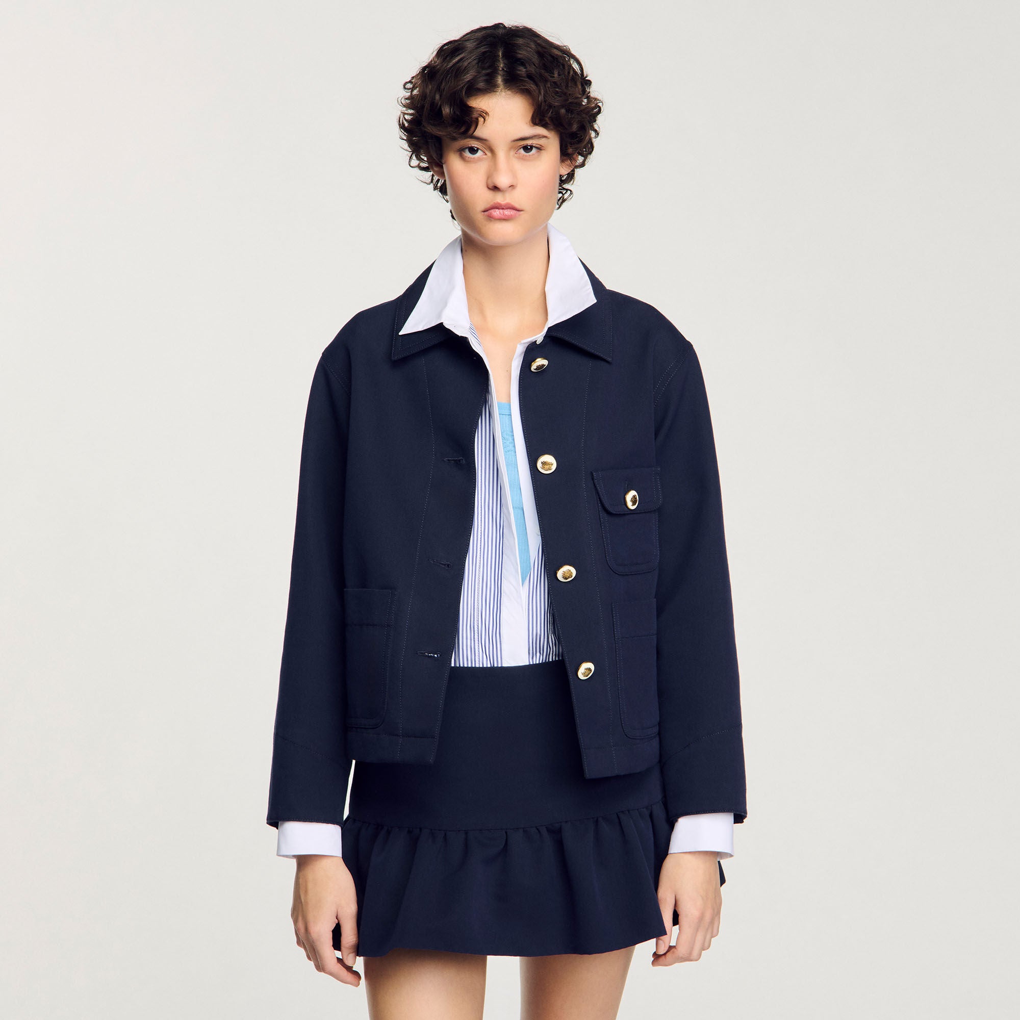 Cropped Jacket With Officer Buttons Navy Blue