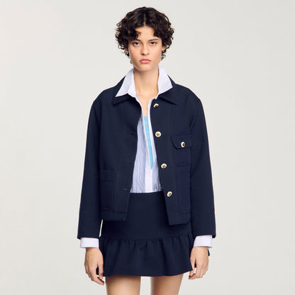 Cropped Jacket With Officer Buttons Navy Blue