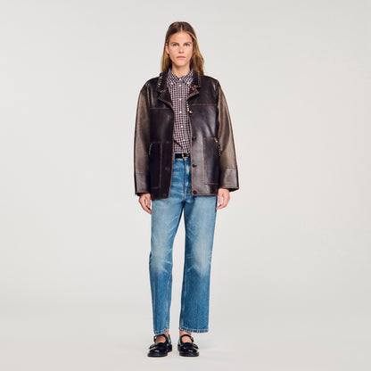 Joe Oversized Leather Jacket With Studs Brown