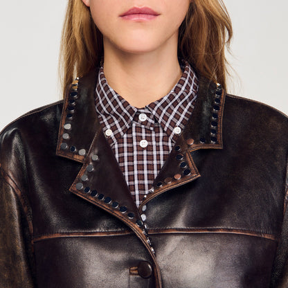 Joe Oversized Leather Jacket With Studs Brown