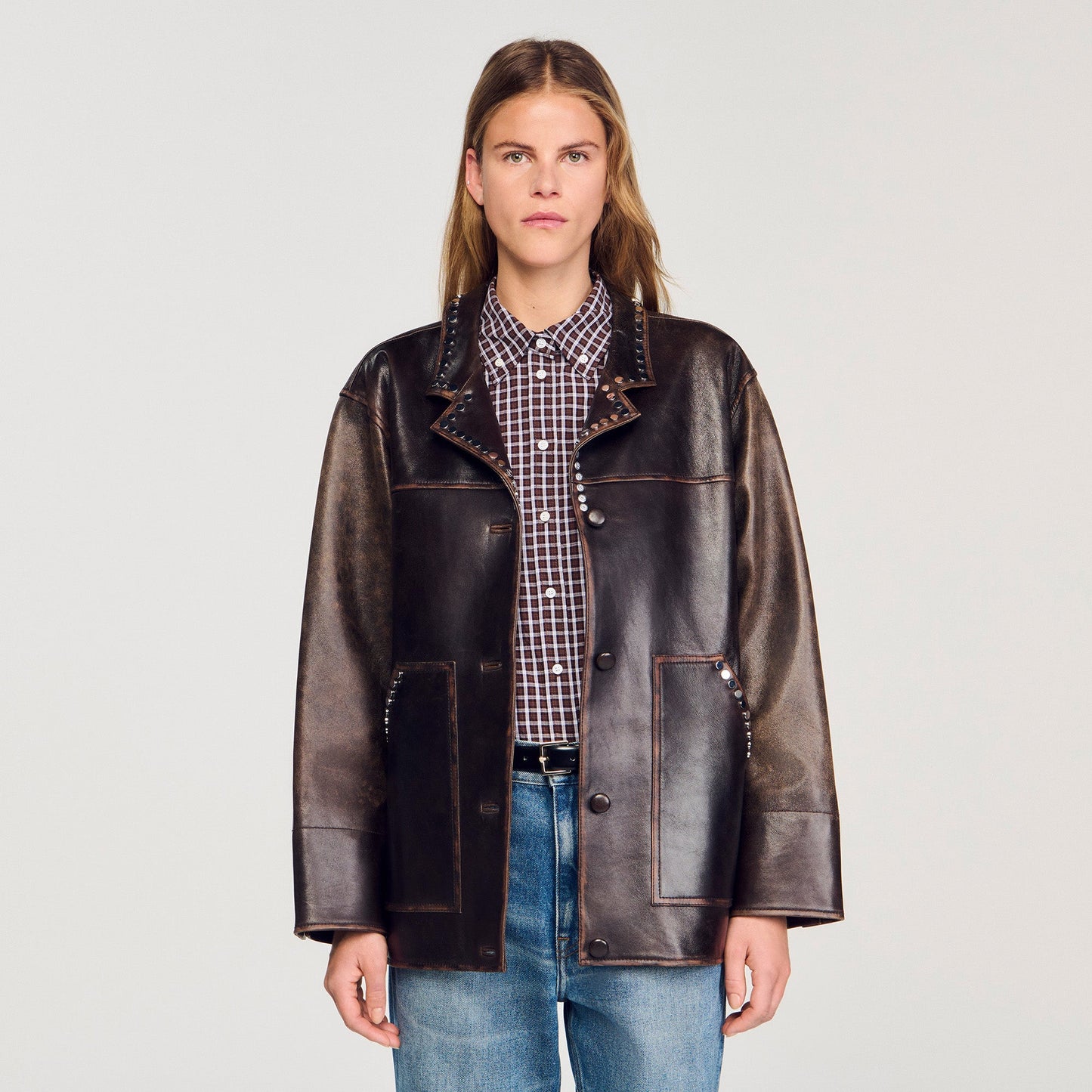 Joe Oversized Leather Jacket With Studs Brown