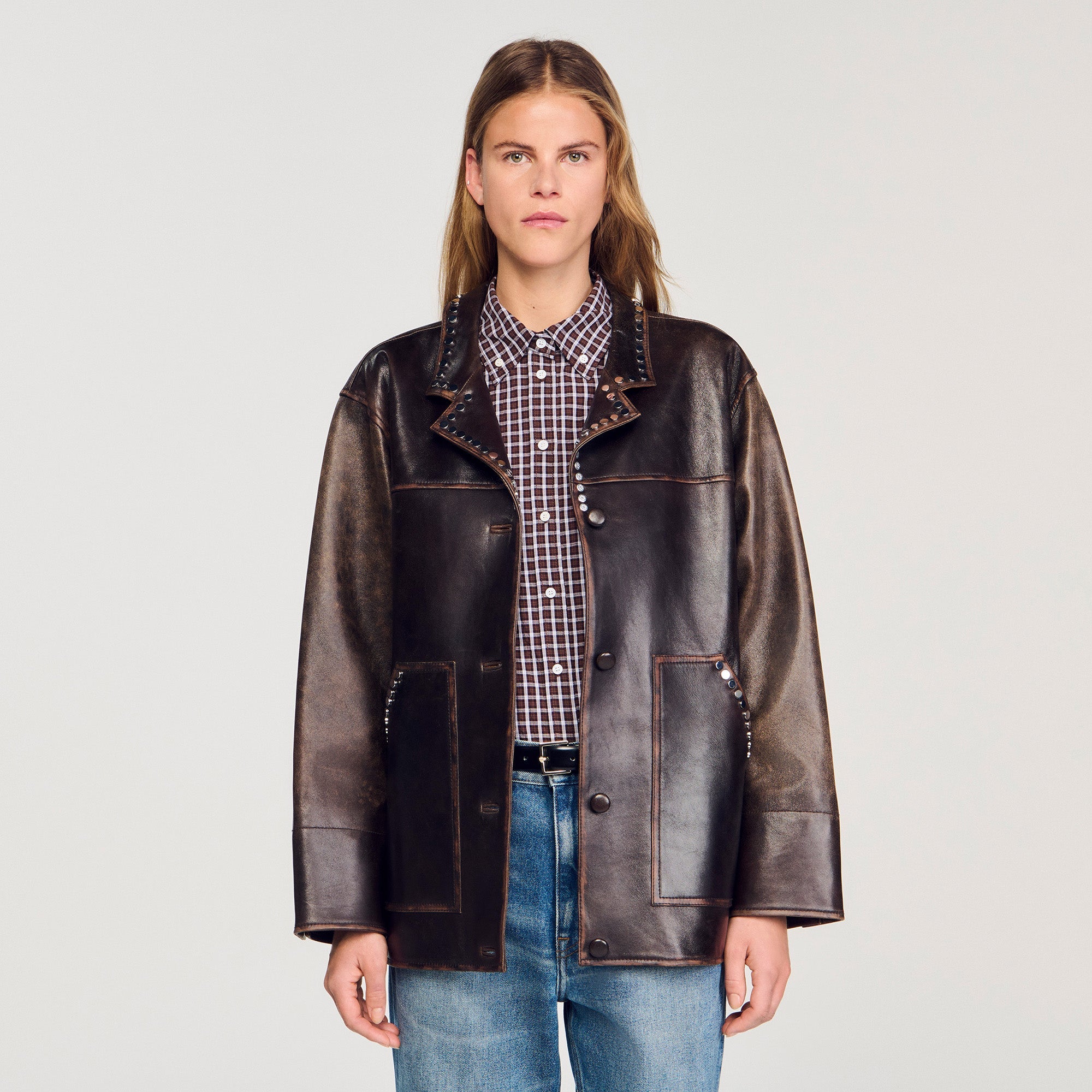 Joe Oversized Leather Jacket With Studs Brown