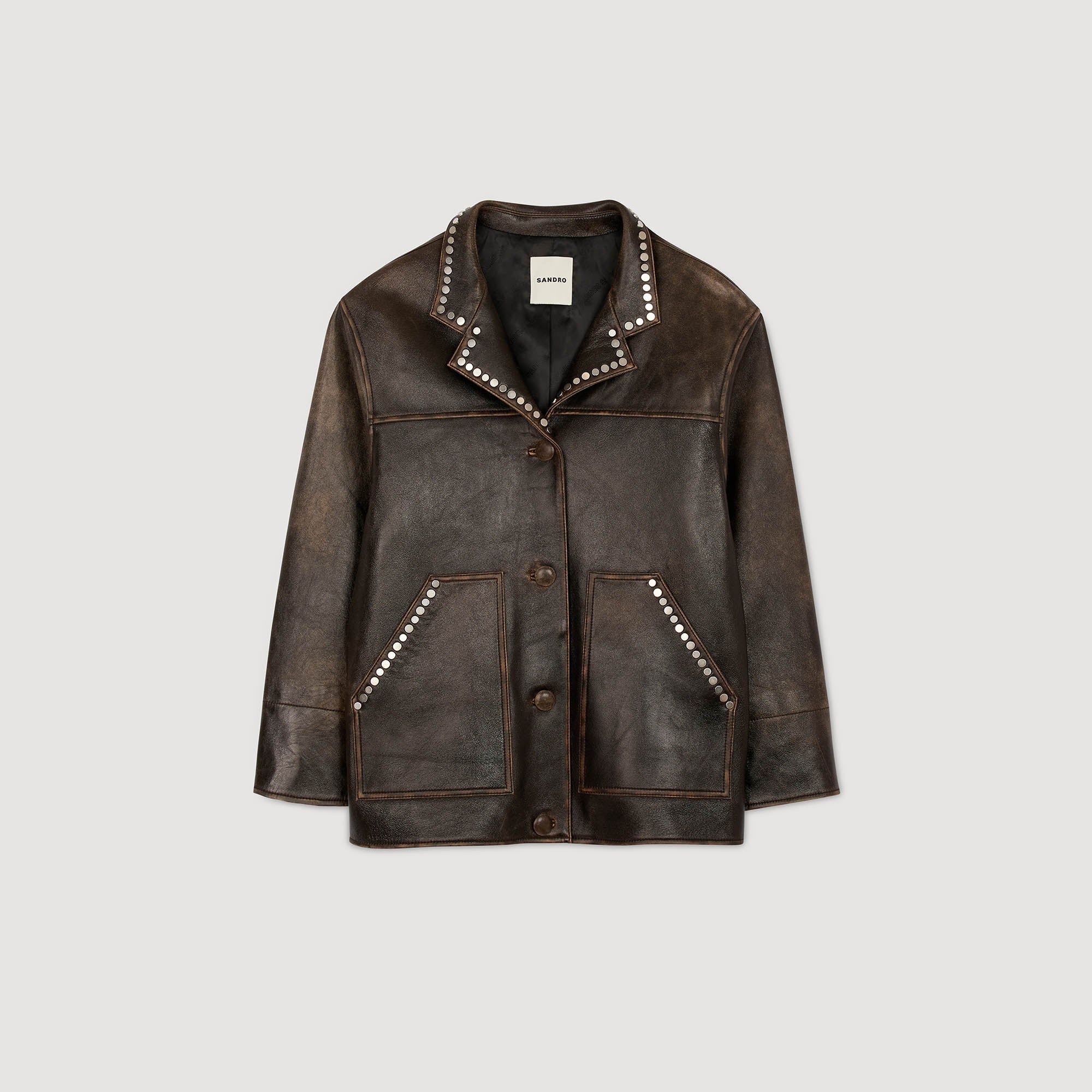 Joe Oversized Leather Jacket With Studs Brown