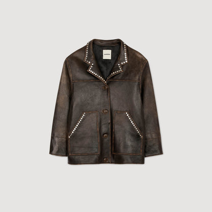 Joe Oversized Leather Jacket With Studs Brown