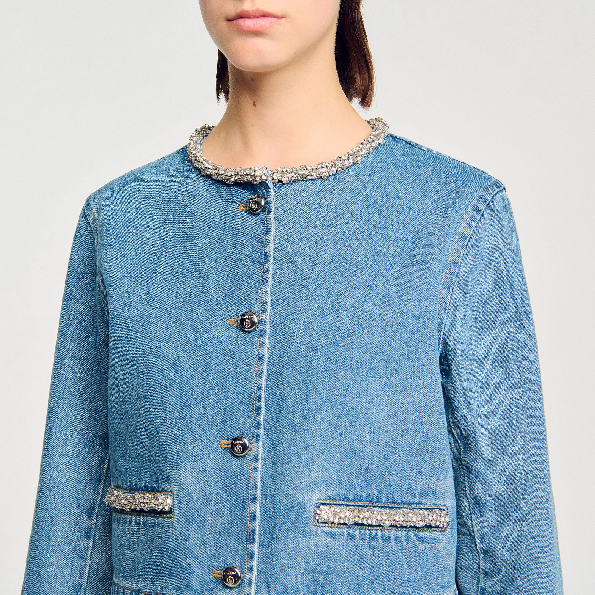 Shop Erzelia Rhinestone Denim Jacket Blue Jean for Woman Online