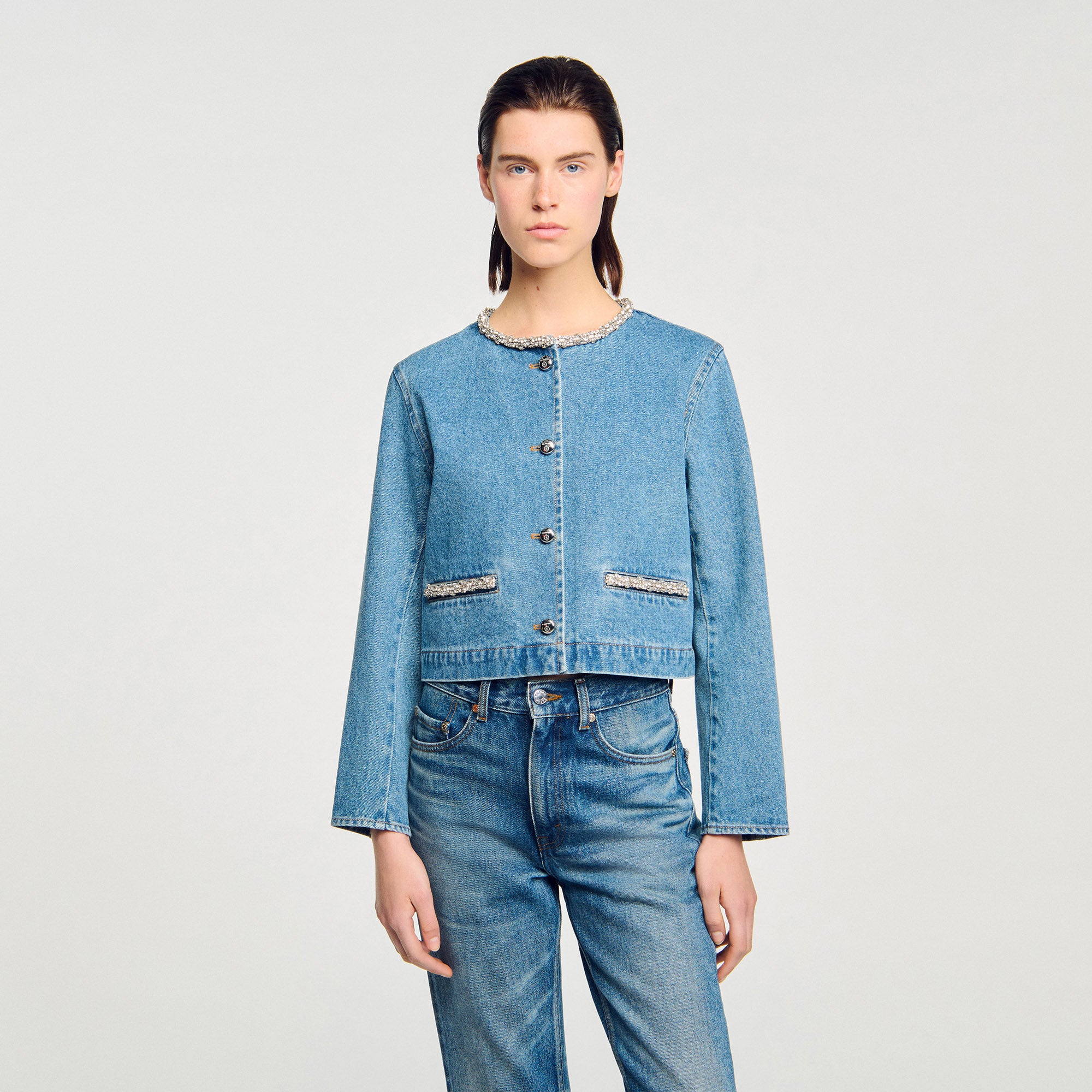 Shop Erzelia Rhinestone Denim Jacket Blue Jean for Woman Online