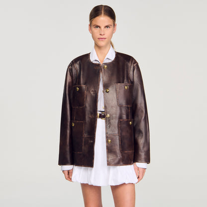 Jerem Long distressed leather jacket Black Brown
