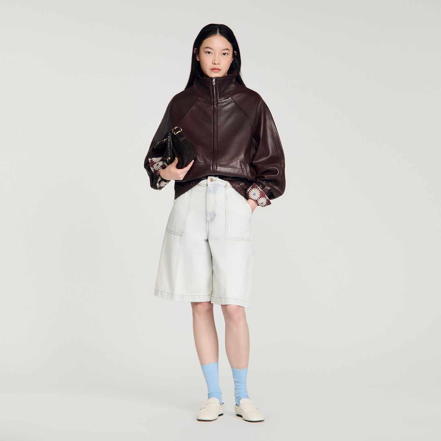 Jordan Oversized Zip-Up Leather Jacket Brown