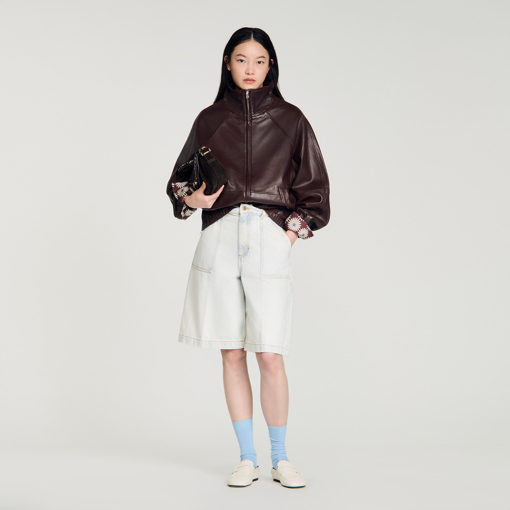 Jordan Oversized Zip-Up Leather Jacket Brown