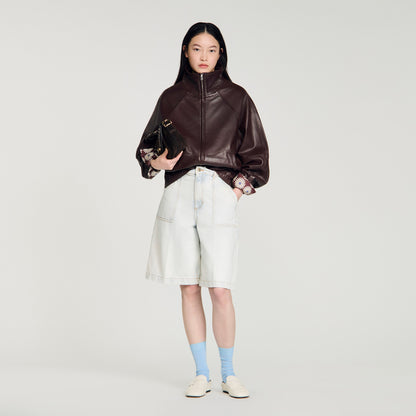 Jordan Oversized Zip-Up Leather Jacket Brown