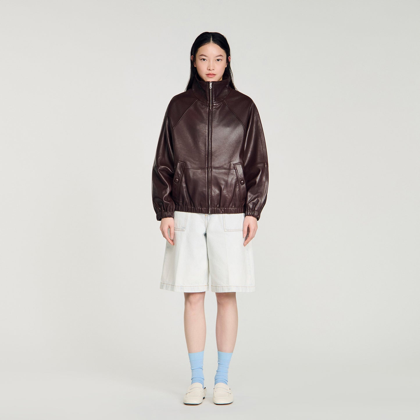 Jordan Oversized Zip-Up Leather Jacket Brown