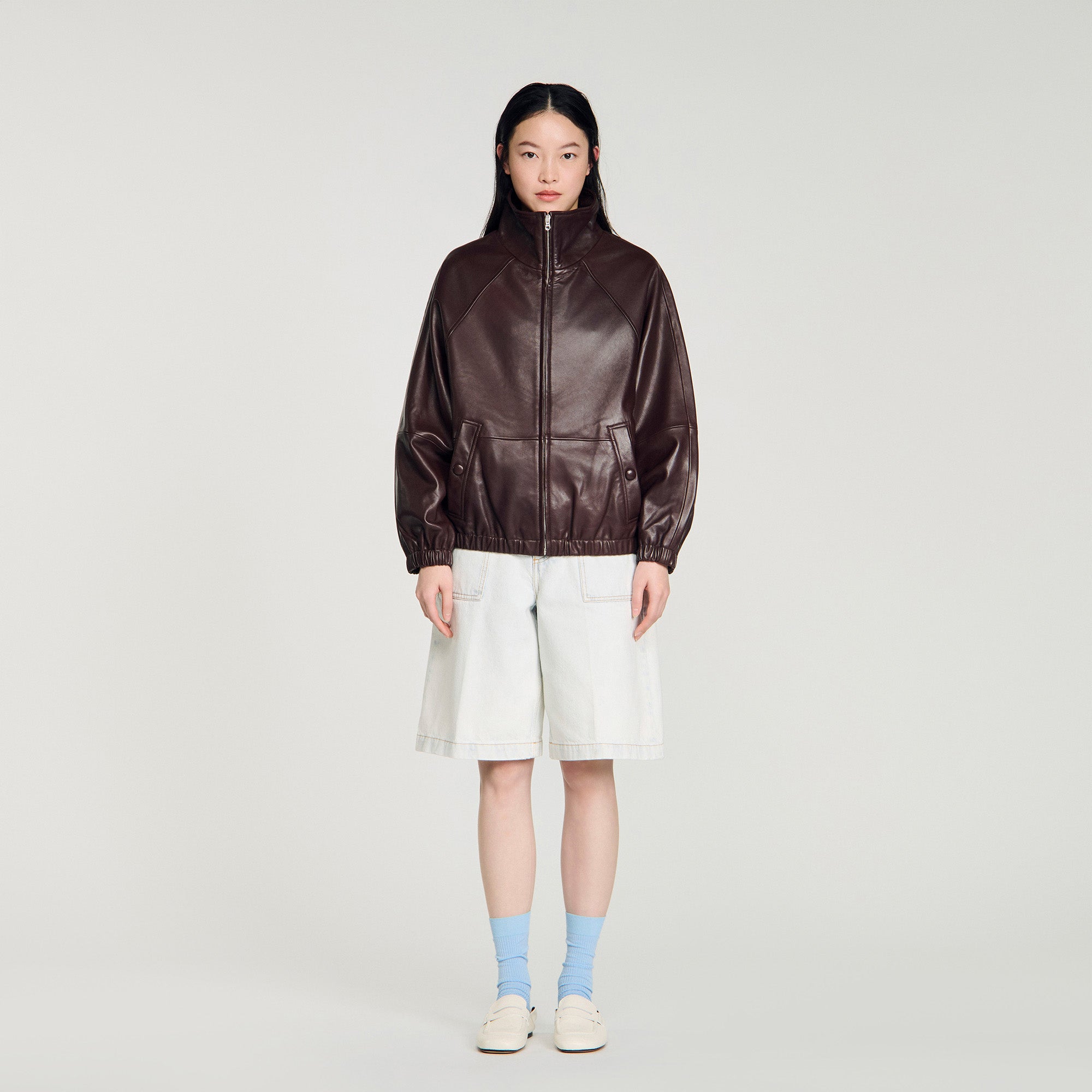 Jordan Oversized Zip-Up Leather Jacket Brown