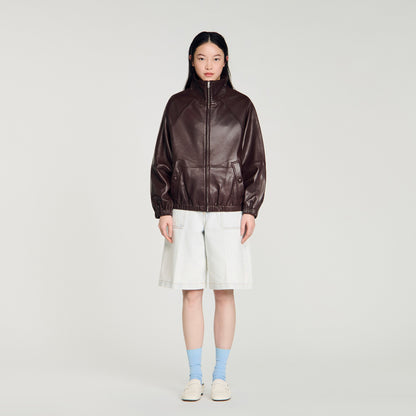 Jordan Oversized Zip-Up Leather Jacket Brown