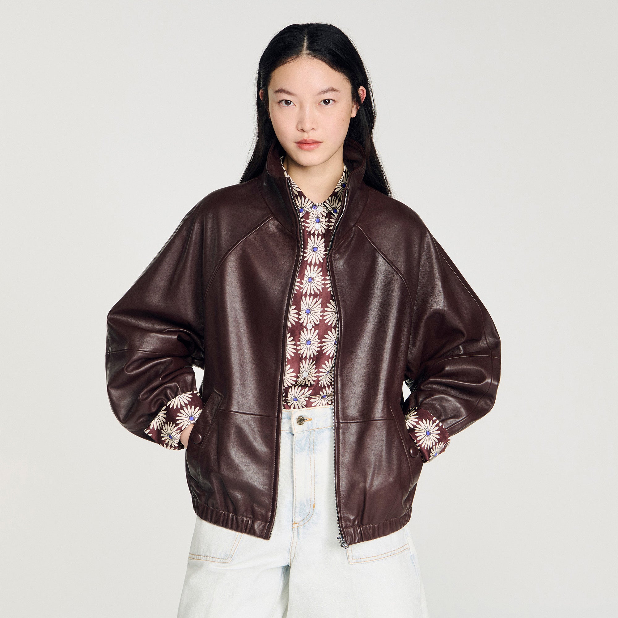 Jordan Oversized Zip-Up Leather Jacket Brown