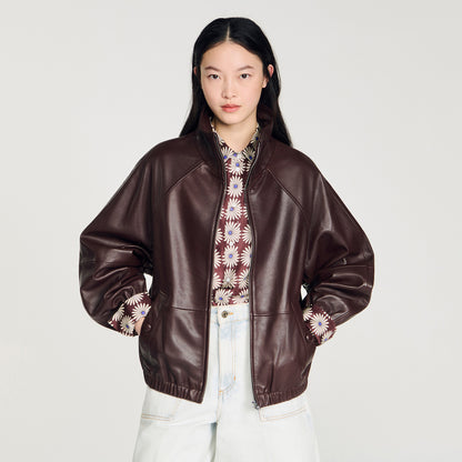 Jordan Oversized Zip-Up Leather Jacket Brown