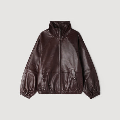 Jordan Oversized Zip-Up Leather Jacket Brown