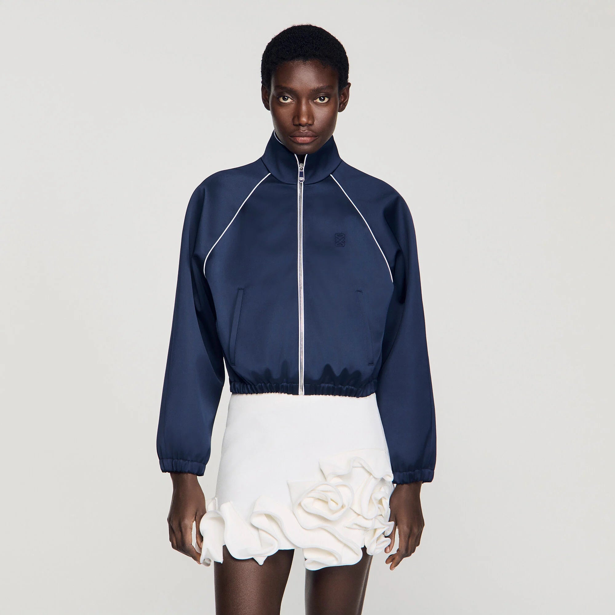 Lizy Embroidered Cropped Satin Jacket Navy / Black Lizy Embroidered Cropped Satin Jacket Navy / Black