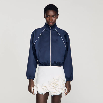 Lizy Embroidered Cropped Satin Jacket Navy / Black