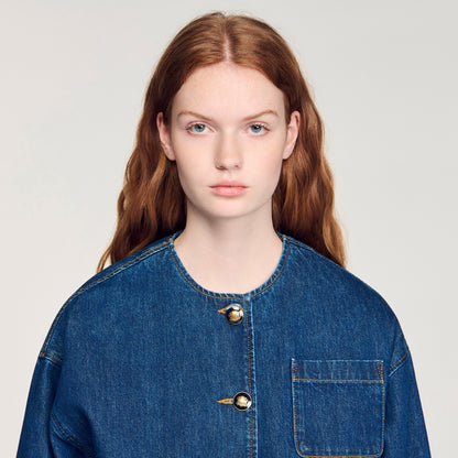 Dallas Statement Button Denim Jacket Deep Blu